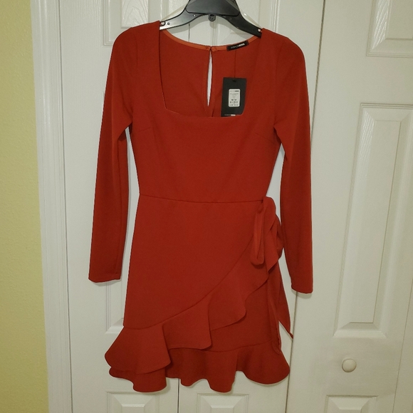 FN Rust Faux Wrap Ruffle Mini Dress sz S - Picture 2 of 7